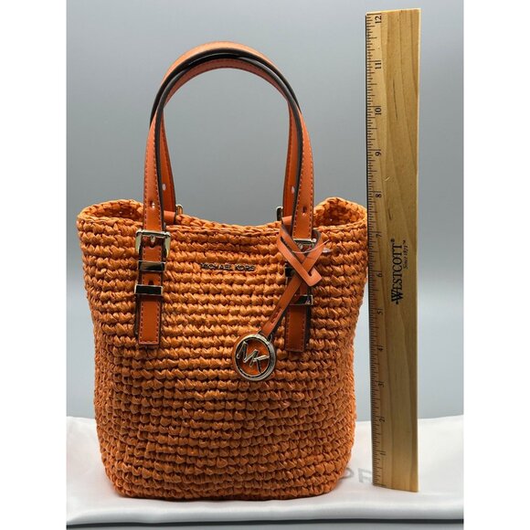 Michael Kors Quinn Extra Small North South Straw Tote Orange Punch 32S5GQNC0W - Picture 13 of 16
